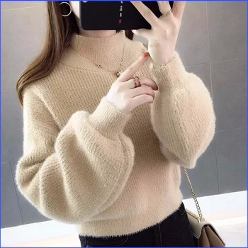 Женский пуловер-свитер 2023, осень и зима, новый рукав-фонарь, основа, свободный однотонный повседневный свитер с полувысоким воротником, пуловеры