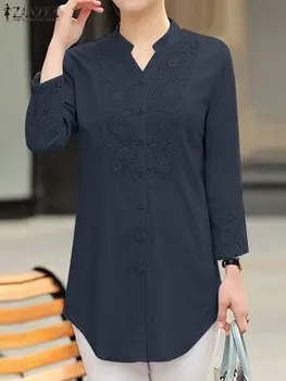 ZANZEA Богемная кружевная рубашка в стиле пэчворк, Модные рабочие топы, Летняя женская сорочка с V-образным вырезом и длинным рукавом, Элегантная повседневная блузка Оверсайз
