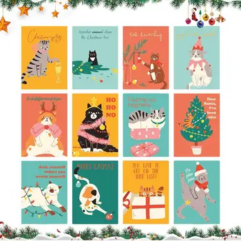 12 шт., Рождественские открытки с забавным котом, Красочные рождественские поздравления, мультяшные праздничные открытки на Новый год, мужчин и женщин, взрослых и Дни рождения