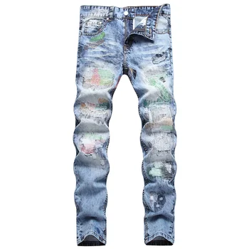 Мужские джинсы в стиле пэчворк С цветными нитками, с вышивкой, с дырками, Рваные потертые брюки, Узкие прямые брюки