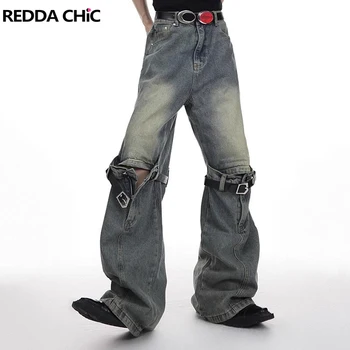 Мужские Мешковатые джинсы REDDACHiC С поясом, Винтажные Широкие Джинсовые брюки Y2k, Свободные Открытые Брюки Оверсайз в стиле Хип-Хоп, Корейская Уличная одежда