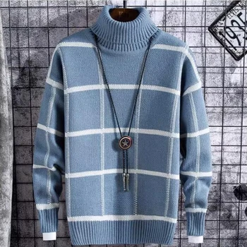Утолщенный теплый свитер с высоким воротом/Высококачественная мужская зимняя одежда в клетку, модный бренд для отдыха, прямой вязаный пуловер в корейском стиле