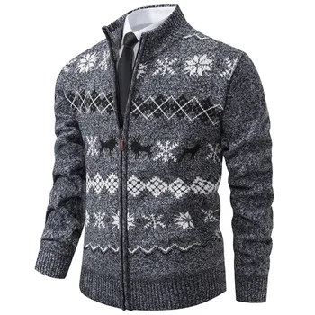 Зимний свитер-куртка с длинным рукавом и высоким воротом, Рождественский свитер в клетку с принтом, Теплые Вязаные куртки-кардиганы, Тонкое Трикотажное пальто