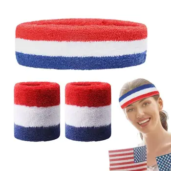 Повязка на голову в честь Американского Дня независимости, 3 шт, американские патриотические спортивные повязки на запястья и голову, дышащие, впитывающие пот ленты для