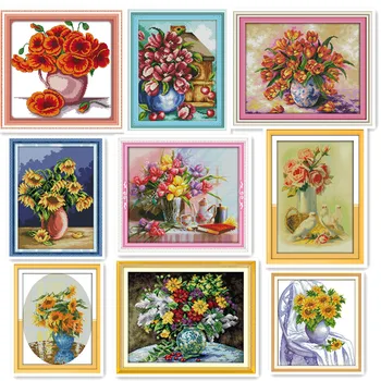 Красивые цветочные вазы, цветы, ручная работа, Сделай сам, шитье, вышивка, вышивка крестиком, набор, рукоделие, красиво, украшение вазы