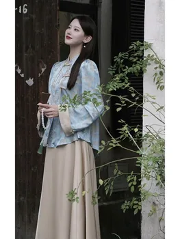 Новый китайский Hanfu, новый китайский жаккардовый топ на пуговицах, винтажное полуплатье с высокой талией, осенний стиль