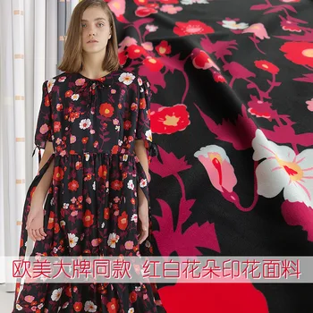 2019 новый нишевый дизайн, ткань для одежды с черно-красными и белыми цветами, ткань для ручной работы, ткань для платья шириной 145 см