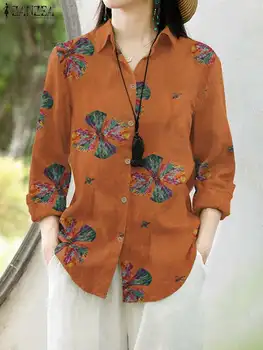 Осенняя рубашка, женская блузка с цветочным принтом, ZANZEA, Модная винтажная блузка с отворотом, длинный рукав, пуговицы, Blusa, Повседневная Свободная туника, топ