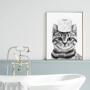 Современные плакаты с животными и кошками Украшение дома Забавные Принты на холсте для ванной Комнаты Милые Черные Кошки Художественная Роспись Настенные Панно Декор туалета