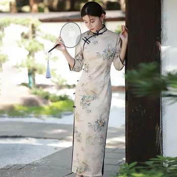 Новое Весенне-летнее 2023 Длинное Двухслойное Китайское платье Ципао Cheongsam Tang Suit Hanfu С Короткими рукавами, Вечернее Платье Для женщин