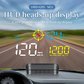Новый головной дисплей M21 Hud OBD2 + GPS Двухсистемный проектор лобового стекла со скоростью автомобиля, температурой воды, напряжением, компасом HUD