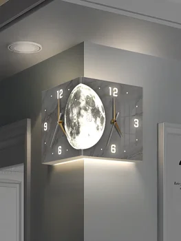 угловые двусторонние светящиеся креативные часы для гостиной, настенный светильник, настенные часы под углом Луна солнце, угловые часы без перфорации