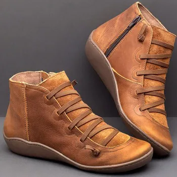 Женские ботинки на плоской подошве с застежкой-молнией в римском стиле, с острым носком, на шнуровке, с круглым носком, Кожаные ботинки в стиле ретро, Повседневная осенняя обувь Botas Femenina