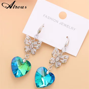 Сине-зеленые серьги с кристаллами для женщин, серебряные серьги-бабочки, серьги с сердечками, висячие серьги для девочек, свадебные украшения
