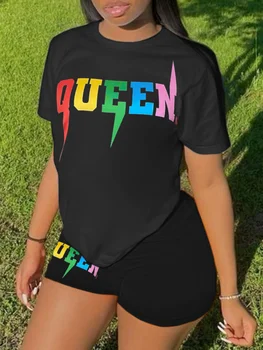Комплект шорт из двух частей в стиле пэчворк с буквенным принтом LW Queen, 2024, женский спортивный костюм с коротким рукавом, повседневный костюм в тон на лето