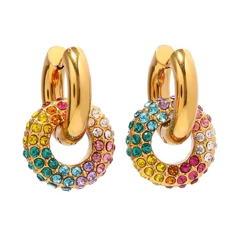 18-каратные позолоченные красочные круглые серьги-кольца с полным бриллиантом, кубический цирконий CZ, Летние медные Женские овальные серьги-кольца, ювелирные изделия