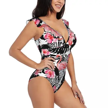 Для женщин Фламинго Гибискус Попугаи Тропические растения Цельный купальник Сексуальный купальник с рюшами Летняя пляжная одежда для похудения Купальный костюм