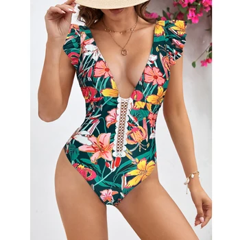 2023 Новый купальник с открытой спиной и цветочным принтом, Винтажный Ретро Цельный купальник, женский купальный костюм