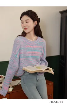 2023 Женские свитера в радужную полоску, Корейские джемперы милой вязки с длинным рукавом, модный свободный топ в опрятном стиле