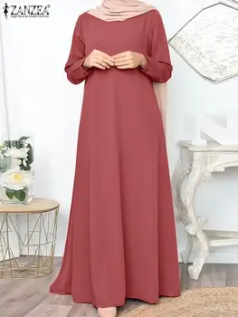 ZANZEA Модный мусульманский Хиджаб, Длинное платье, длинный рукав, Однотонные платья для Рамадана, Женский элегантный вечерний Макси-халат, Винтажный сарафан с круглым вырезом