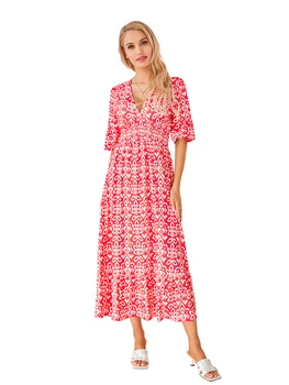 Женское летнее богемное платье миди с цветочным принтом, короткий рукав, V-образный вырез, эластичный пояс, Свободное пляжное платье