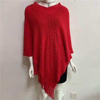 Весенний свитер, Пуловер, женский свитер с V-образным вырезом, шаль, Плащ, Однотонный Корейский плащ с кисточками, красный