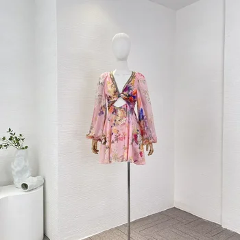 Высококачественное винтажное мини-платье из чистого шелка с бриллиантами и перекрестным ремешком с длинным рукавом, милое розовое мини-платье в цветочек для женщин