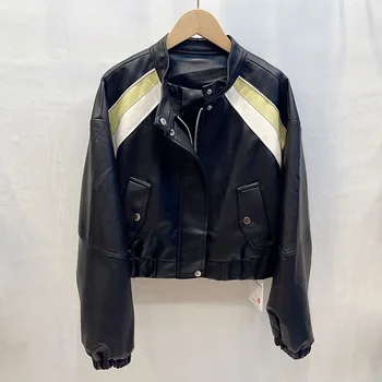 Винтажная короткая куртка из искусственной кожи контрастного цвета с воротником-стойкой и длинным рукавом, Женская осенняя повседневная байкерская куртка, Черный, Хаки, Белый
