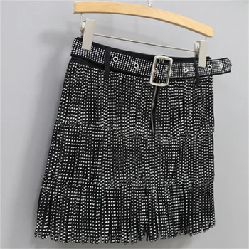Женская юбка с кисточками и бриллиантами, весенне-летняя новая юбка трапециевидной формы с поясом и высокой талией, 3xl