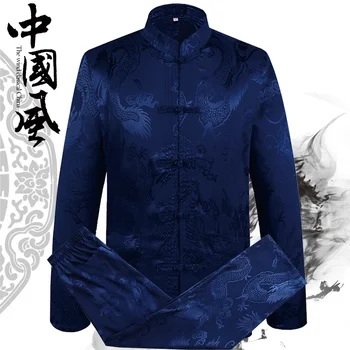 5 Цветов Весенний Мужской костюм Dragon Tang В китайском стиле Среднего возраста, Атласные Рубашки С длинными рукавами, Комплект Брюк, Униформа Ву Шу Кунг-Фу
