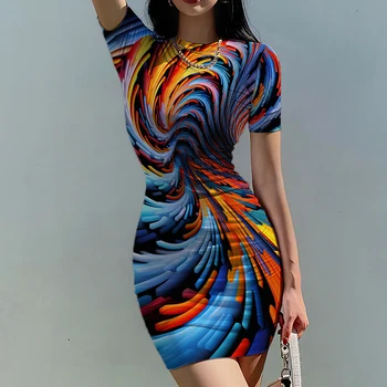 Гавайская леди Сексуальное платье Уличная дикая женская одежда 3D Красочное изображение Мини-платье Новое летнее повседневное модное платье с короткими рукавами