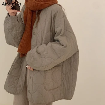 Осенне-зимние парки для женщин, простая свободная корейская модная дизайнерская куртка, милое женское эстетичное шикарное теплое уличное пальто с V-образным вырезом