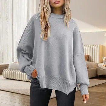 Вязаный пуловер для женщин, уютный женский зимний свитер, мягкий теплый Стильный пуловер с разрезным низом, рукава 