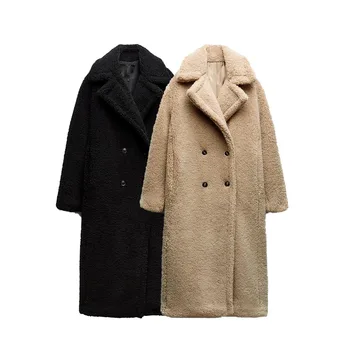 Zach AiIsa/ новое зимнее женское модное двубортное свободное прямое флисовое теплое длинное пальто с отворотом с длинными рукавами и темпераментом