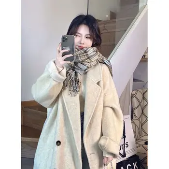 Женский тренч, двустороннее шерстяное пальто, Корейское шикарное Свободное Твидовое пальто выше колена, осенне-зимняя куртка, женская одежда большого размера