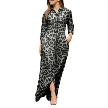 Однобортное платье с карманами, Леопардовое платье Макси с геометрическим принтом в стиле пэчворк, женское платье-рубашка с длинным рукавом на весну-осень с отворотом