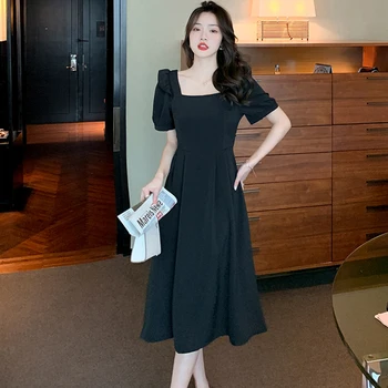 Летнее Черное платье Миди с пышными рукавами и квадратным воротником, Женское Корейское Винтажное платье Хепберн 2023, Элегантное Облегающее платье для вечеринок