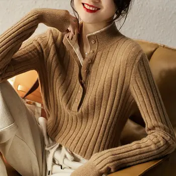 Осенне-зимний женский свитер с полувысоким воротником и пуговицами в стиле пэчворк, однотонный свитер, модные повседневные Элегантные топы с длинными рукавами для офисных леди