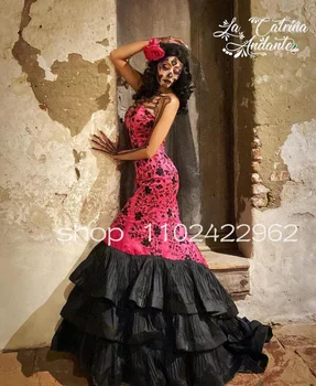 Черное Розовое Мексиканское Вечернее Платье Русалки для Женщин с Кружевной Аппликацией И Вышивкой, Корсетное Платье Для Выпускного Вечера LaCatrinaAndante