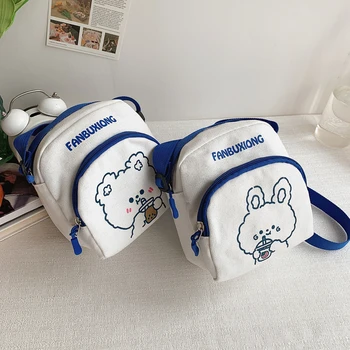 Мультяшная милая студенческая холщовая сумка с рисунком Медведя и кролика, сумка через плечо для девочек, уличная детская сумка для хранения