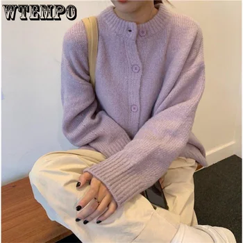 Корейский свитер WTEMPO, Женский свитер-кардиган с круглым вырезом в стиле колледжа, однобортное теплое пальто с длинным рукавом, винтажный трикотаж