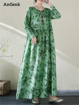 Хлопчатобумажные Винтажные Зеленые платья с цветочным рисунком для женщин 2024 Весна Осень Повседневное Свободное Длинное Модное Элегантное платье Офисная женская одежда