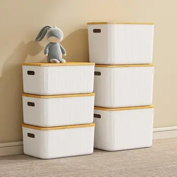 Ящик для хранения книг и канцелярских принадлежностей, переносная ручка, вместительный контейнер для хранения, Штабелируемые коробки-органайзеры с бамбуковой крышкой для игрушек