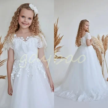 Пышное короткое платье без рукавов с аппликацией для девочек в цветочек на свадьбу Длиной до пола, платье для первого Евхаристического дня рождения ребенка.