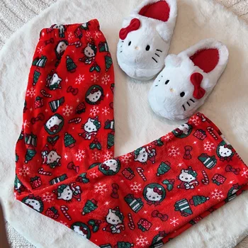Новые пижамные брюки Hello Kitty на Хэллоуин, фланелевые брюки Y2K из аниме Sanrio, модные домашние повседневные зимние подарки для пары