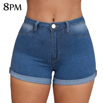 Женские джинсовые шорты с отворотами, эластичный подол с манжетами, Большая задница
