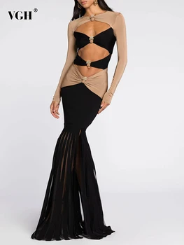 Сексуальные платья VGH хитового цвета с вырезами для женщин, круглый вырез, длинный рукав, высокая талия, сетчатое облегающее платье с разрезом на бедрах, женское платье с разрезом