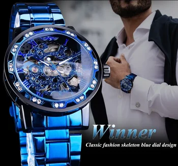 Механические часы с прозрачным бриллиантом, синий скелет из нержавеющей стали, мужские часы лучшего бренда класса Люкс в деловом модном стиле.