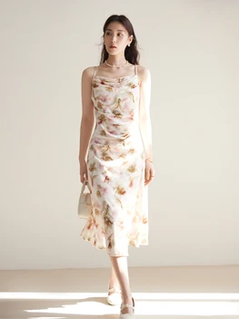 DUSHU Ретро Бархатное Женское платье на подтяжках с цветочным рисунком, с застежкой-молнией, плиссированный дизайн, Женское милое длинное платье без рукавов с разрезом до середины икры