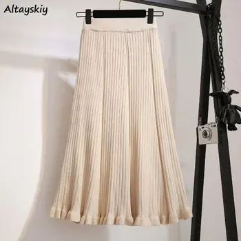 Вязаные юбки Миди женские нежные с высокой талией Универсальные модные корейский стиль Элегантные винтажные простые офисные дамы Осень Сладкая